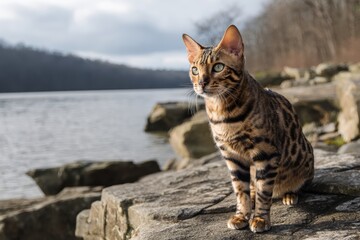 Bengal Cat on Rocks Overlooking Water A Moment of Feline Contemplation