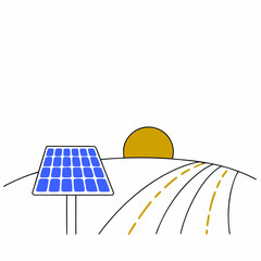 Stylized illustration of a solar panel in a rural landscape at sunset with a winding road