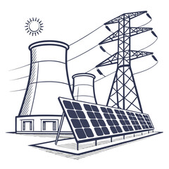Stylized illustration of a power plant with cooling towers solar panels and high voltage transmission towers under a bright sun