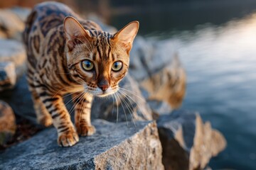 Bengal Cat Exploring Rocky Terrain Near Water