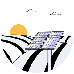 Stylized illustration of solar panels in a field under a bright sun and two fluffy clouds