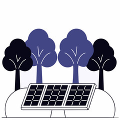 Stylized illustration of solar panels in a natural setting with dark and purple trees against a white background