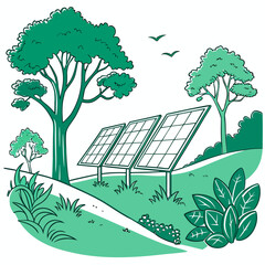 Three solar panels stand in a lush green landscape with trees and birds flying in the sky