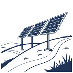 Three solar panels stand on a grassy hill with a winding path leading towards them on a clear day