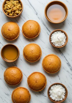 Traditional Indian sweet Chandrakala arranged with ingredients khoya coconut and syrup on white marble flat lay vertical