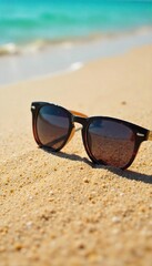 Stylish Sunglasses Resting on Sunny Beach Sand, Reflecting Sunlight ? Perfect for Summer Vacation, Travel, and Fashion Websites & Social Media