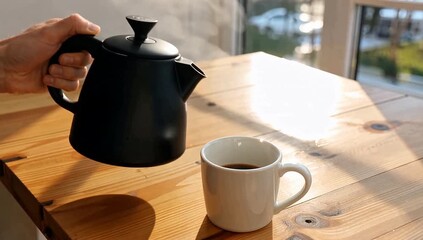 Morning coffee ritual with a person pouring hot steaming water from a black gooseneck kettle into a white ceramic mug on a wooden table - Powered by Adobe