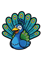 Cheerful cartoon peacock vector mascot with vivid blue feathers and playful expression. Isolated on a clean white background, this cute and funny bird adds a touch of joy to any project