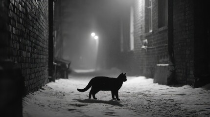 Silhouette of a mysterious black cat in a dark, snowy urban alley at night