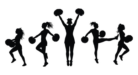 Dynamic silhouettes of cheerleaders in action posing with pom poms for sports and performance themes