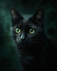 Elegant Portrait of a Black Cat with Captivating Green Eyes