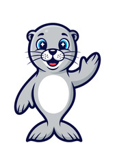 Obraz premium A cheerful cartoon mascot of a gray seal is featured waving its fin, set against a clean white backdrop, creating a cute vector illustration ideal for children's content and educational purposes