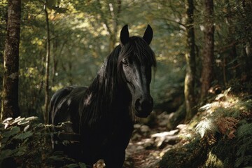Portrait of a powerful black horse in a mysterious, green woodland