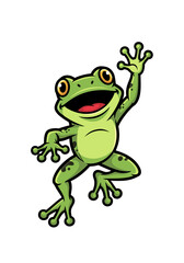 Obraz premium A cheerful green cartoon frog mascot waving its arm, adorned with spots, set against a clean white background. This vector illustration features a cute and friendly amphibian character