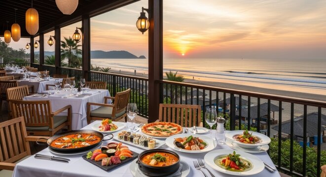 Exquisite Dinner Spread on a Balcony Overlooking a Tropical Sunset Beach