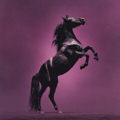 Majestic Black Horse Reared Up Against a Rich Purple Background