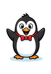 Obraz premium A cheerful penguin mascot with a red bowtie is featured in a cartoonish style illustration, isolated on a white background. The vector design is cute, friendly and perfect for children's animation