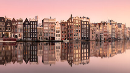 Obraz premium Stunning Minimalist View of Amsterdam’s Iconic Houses Reflecting on the Serene Water at Dawn