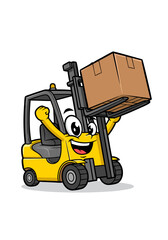 Cartoon illustration of a cheerful yellow forklift character lifting a cardboard box, featuring big eyes, an open mouth, and welcoming hands, set against a clean white background
