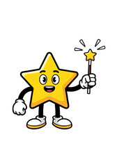 A cheerful yellow star cartoon character waves a magic wand in this vector illustration. The cute mascot design stands out against a white background. Great for children's content