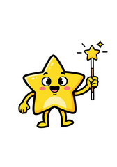 A delightful cartoon mascot of a bright yellow star with a glossy finish, joyfully holding a magic wand and displaying a friendly, smiling face on a white background
