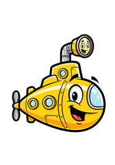 A bright and cheerful cartoon illustration of a yellow submarine with a smiling face. It features a periscope and is isolated on a clean white background. Its a cute and fun image