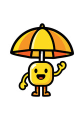 A cheerful yellow umbrella character with an orange interior and black outline, waving its hand against a clean white background, created in a cute pixel art style