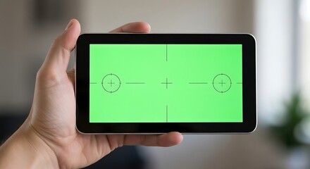 Close-up of a hand holding a smartphone horizontally, displaying a green screen with tracking markers for compositing.