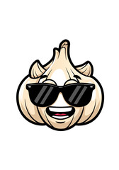 Cartoon mascot of a garlic wearing black sunglasses and smiling. Isolated on white background, this cool character is perfect for culinary designs