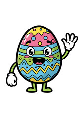Adorable colorful Easter egg cartoon character waving its hand, set against a clean white background. Perfect for festive holiday designs and spring celebrations, the illustration is cheerful and