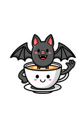 A charming vector graphic featuring a black cartoon bat happily floating on a coffee cup, both adorned with cheerful faces against a clean white backdrop