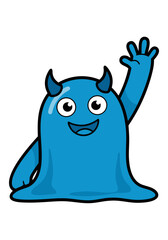 A delightful blue cartoon monster waves cheerfully with small horns. A fun and friendly mascot character illustration isolated on a white background