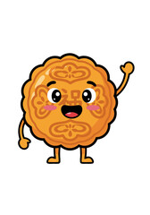 A cute orange mooncake character with big eyes, a big smile, and a waving hand on a white background. This cartoon food mascot is perfect for any dessert or sweets themed project