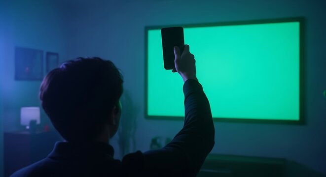 A person holding a smartphone in front of a large green screen television.