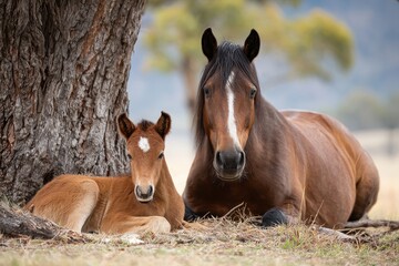 A mother horse and her young foal resting together in the shade of a tree