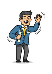 Obraz premium A cartoon man wearing a suit and a tie happily waves while holding a scroll, set against a clean white background. Vector illustration