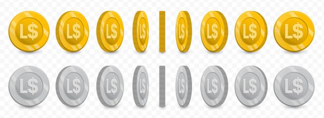 Liberian Dollar, Realistic Style Golden and Silver Coin with Currency Symbol Set