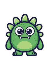 A green cartoon monster mascot features a spiky round body with cute googly eyes and a playful expression, set against a clean white background