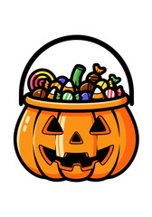 A pixel art illustration of an orange Halloween pumpkin candy bucket. The bucket is filled with colorful assorted treats. Set against a white background, perfect for festive designs