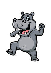 A grey hippo cartoon mascot with a cheerful expression, isolated on a white background. It is dancing with joy. Flat vector illustration for children with a smiling character and isolated animal