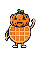 A cartoon vector illustration of a Halloween-themed waffle character with a pumpkin head, featuring orange and yellow colors on a white background. The design is cute and perfect for holiday themed