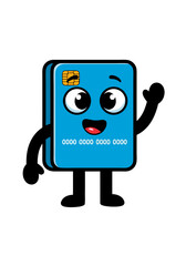 A cheerful blue cartoon credit card character with a friendly smile and waving hand, set against a clean white background. It is ideal for educational or financial literacy content