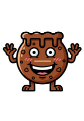 Adorable cartoon mascot illustration featuring a happy brown cookie character with a smiling face and raised arms on a clean white background, perfect for children's content and design projects
