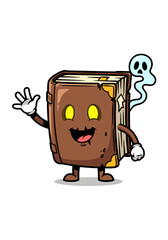 A cheerful brown book cartoon character with glowing yellow eyes waves next to a small blue ghost against a clean white backdrop. The playful design is perfect for educational or Halloween themed