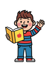 Cheerful cartoon boy character holding an open book with a red apple on the cover, illustration of a happy school kid waving against a white background