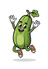 A cheerful green zucchini cartoon character with a smiling face orange shoes and white gloves jumps happily on a white background. This cute vector illustration is perfect for adding a fun touch to