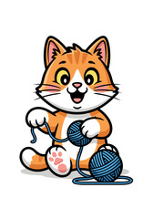 A cheerful cartoon vector mascot of an orange and white kitten sitting and holding a blue yarn ball, drawn in a playful and cute children illustration style with black outlines
