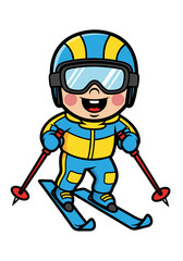 Fototapeta premium A cheerful cartoon skier depicted with a blue and yellow outfit and helmet, joyfully holding ski poles. Vector illustration on white background for children's education and winter sports
