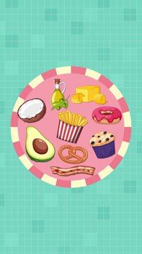 Assorted Fat-Rich Foods Rotating on Pink Circular Plate Animation