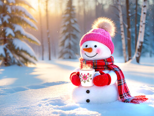 Fototapeta premium A cute snowman with pink hat smiling sitting on a snowy land holding a steamy mug